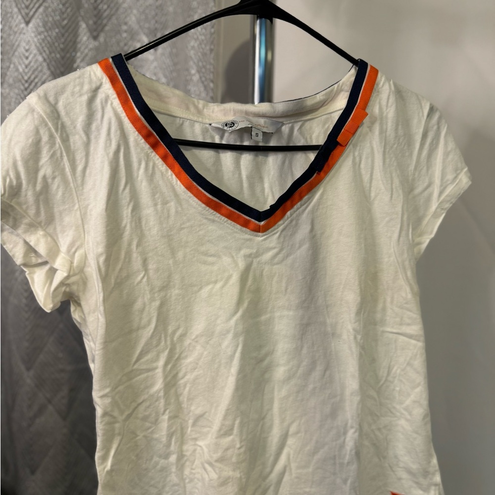 V-Neck White and Orange Trim Women's Top